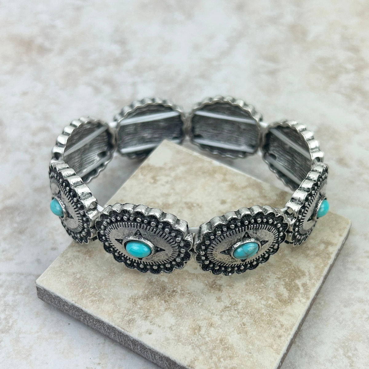 Silver with blue turquoise stone stretch concho Bracelet