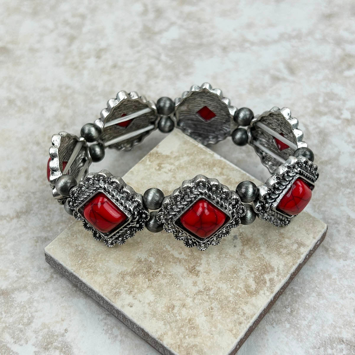 Silver with red stone stretch Bracelet