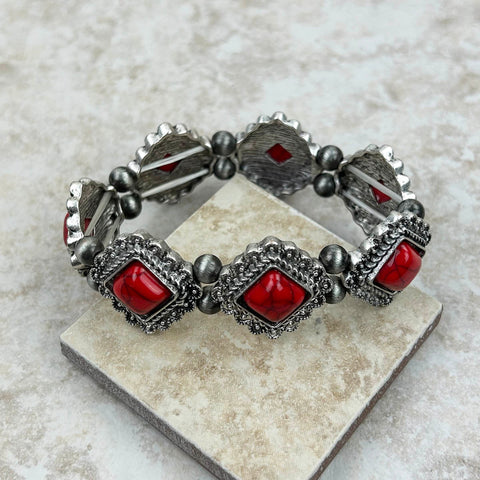Silver with red stone stretch Bracelet
