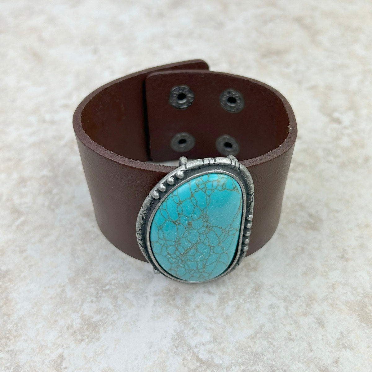 Turquoise Stone with Dark Brown Leather Cuff Bracelet