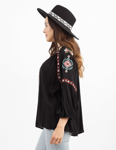 Delila Women’s Aztec Embroidered Collection Tie Neck Blouse - Montana West World