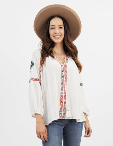 Delila Women’s Aztec Embroidered Collection Tie Neck Blouse - Montana West World