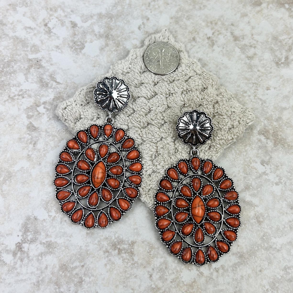 Silver With Stones Oval Concho Earring