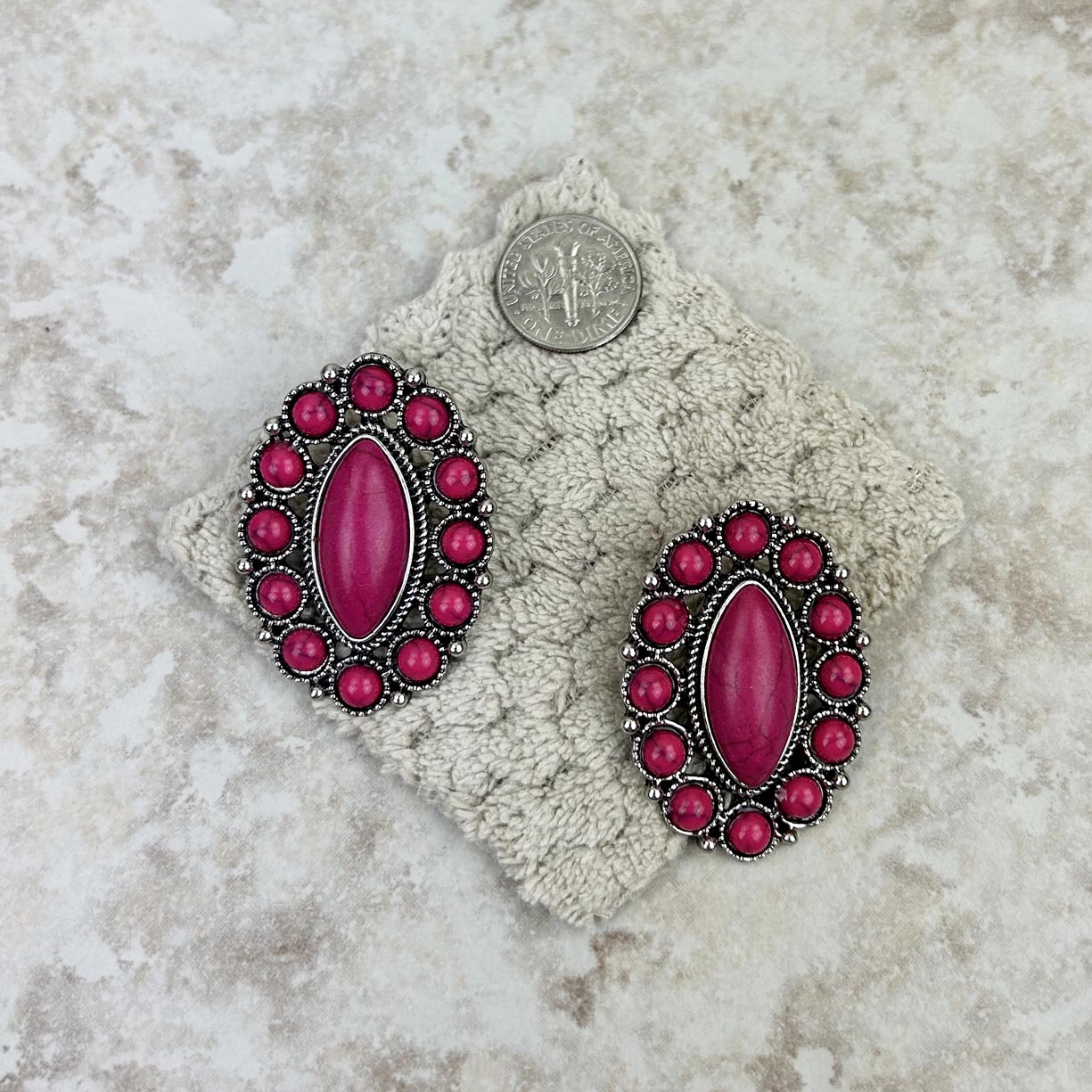 Silver With Hot Pink Stones Oval Concho Earring