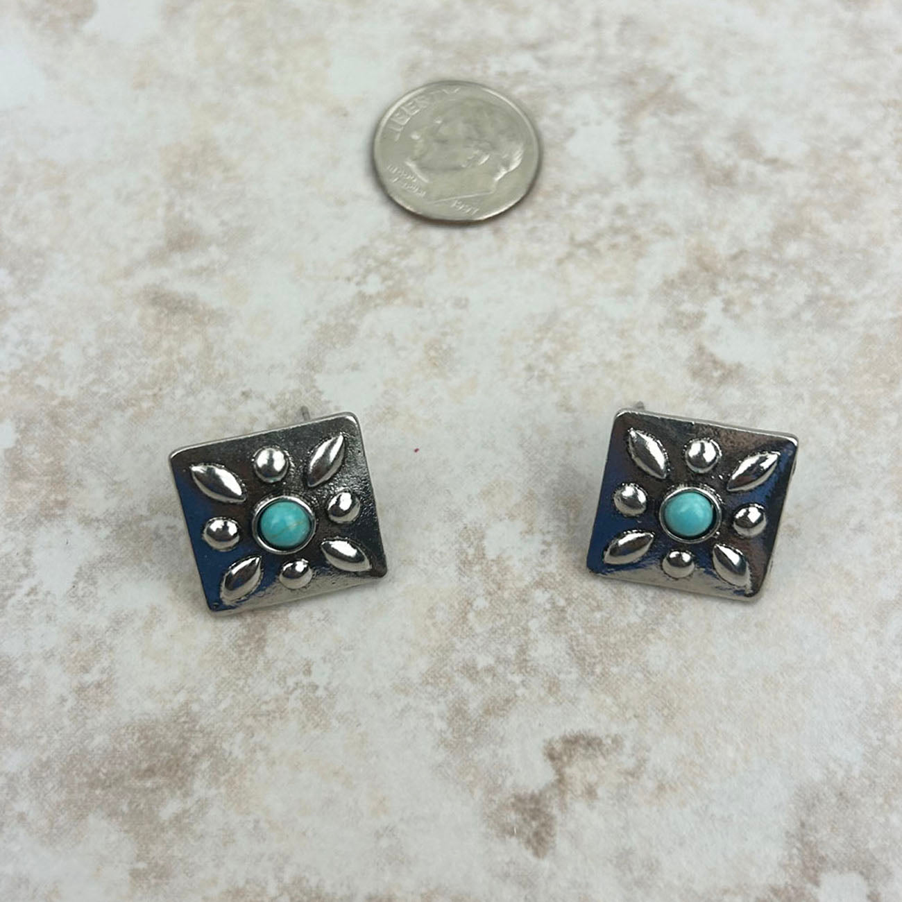 Small silver with blue turquoise stone square concho earring