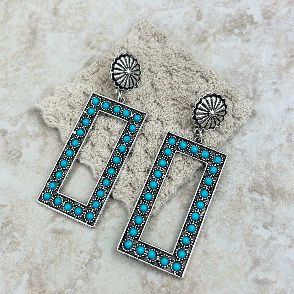 Small Silver Concho With Blue Turquoise Stones Large Triangle Earring