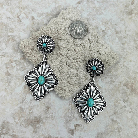 Silver With Blue Turquoise Stone Concho Earrings