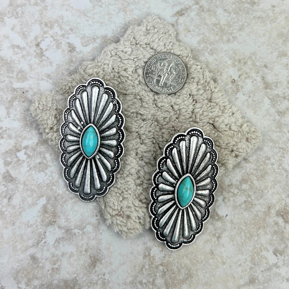 Silver With Blue Turquoise Stone Oval Concho Earrings