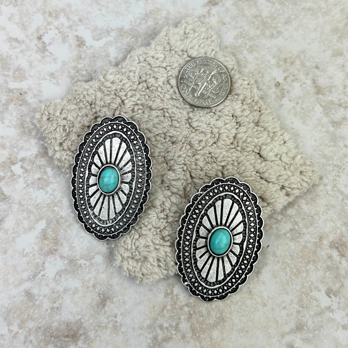 Silver With blue Turquoise Stone Oval Concho Earrings