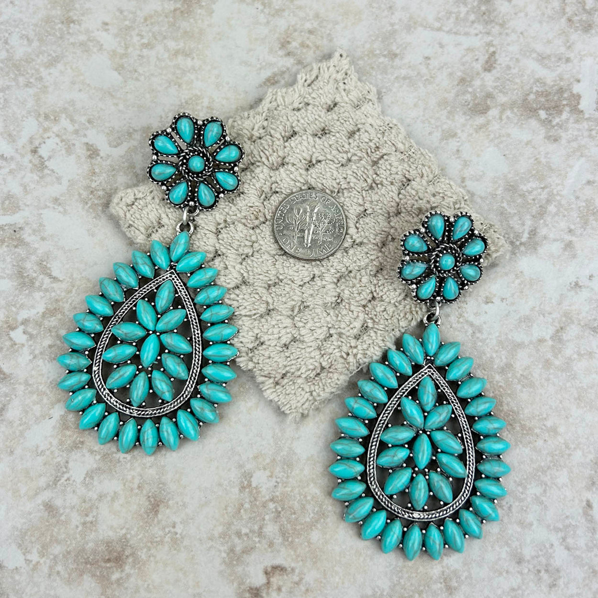 Silver Small Turquoise Concho With Turquoise Teardrop Concho Post Earrings
