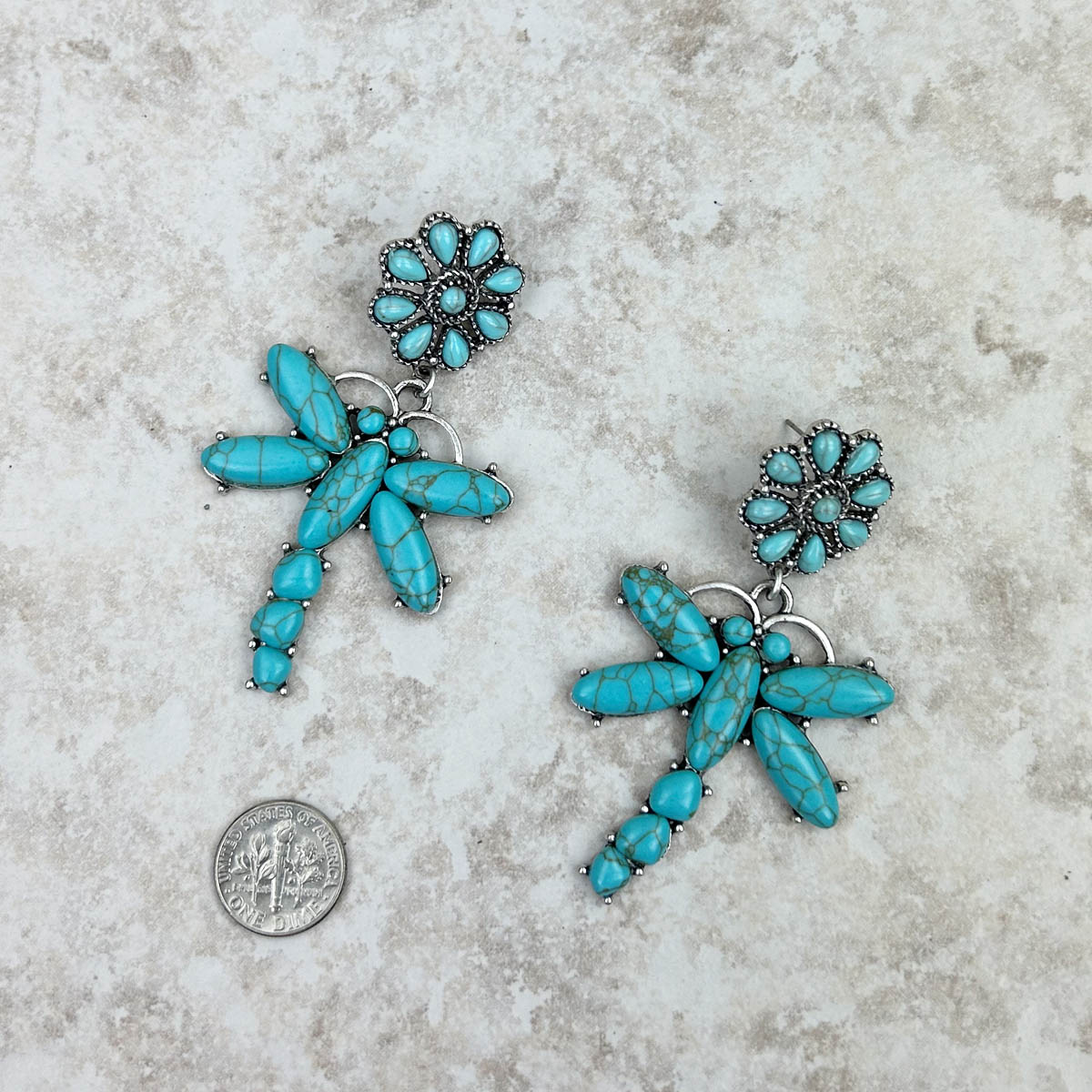 Silver with blue turquoise stone Dragonfly Earrings