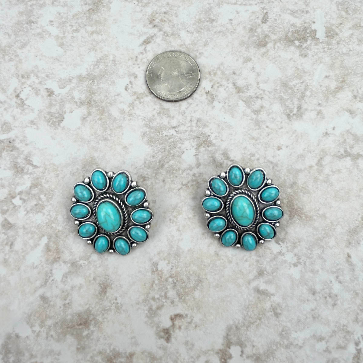 Silver and blue turquoise floral concho post Earring