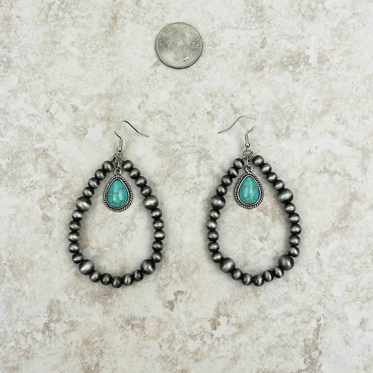 Silver Navajo Pearl With Blue Turquoise Teardrop Earring