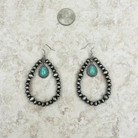 Silver Navajo Pearl With Blue Turquoise Teardrop Earring