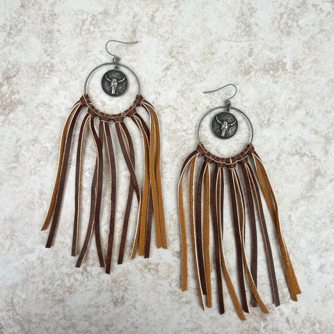 Hoop with coin long horn tassel Earrings