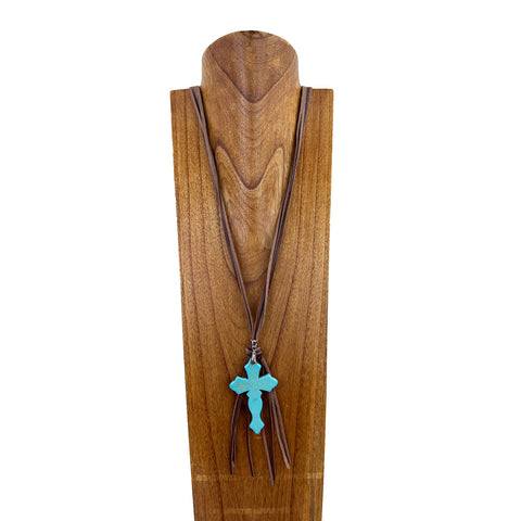 34 inches brown imitation leather necklace with blue turquoise stone cross pendent