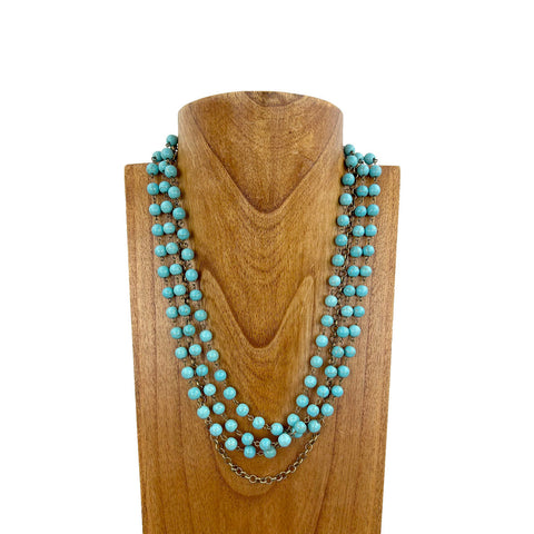 23 Inches 3 layers 8mm blue turquoise stone beads with brass color metal chain Necklace