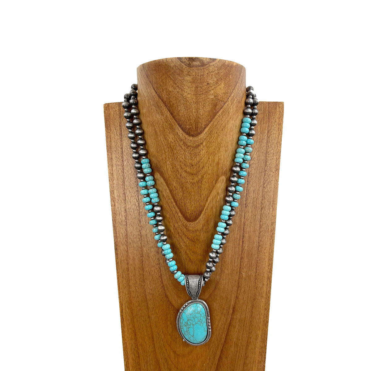 21 Inches double strings blue roundel turquoise stone and silver Navajo pearl bead with blue turquoise stone pendent Necklace