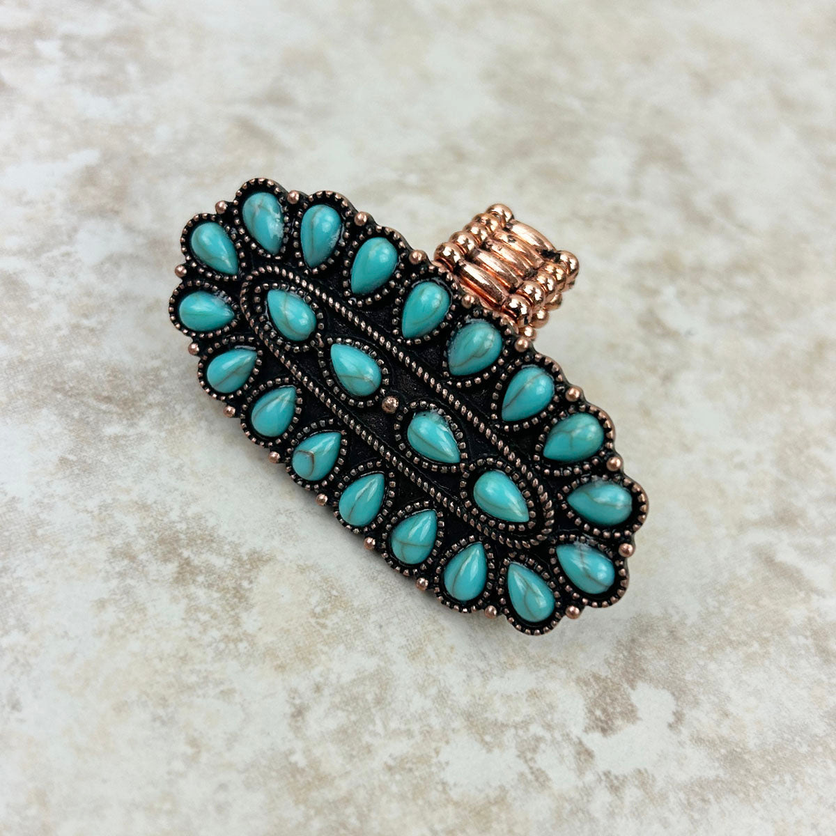Cooper with blue turquoise stone oval concho stretch Ring