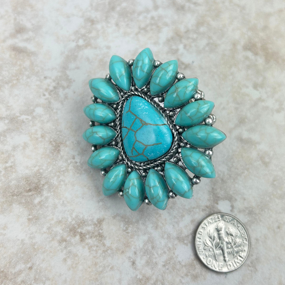 Silver with blue turquoise stone concho stretch Ring