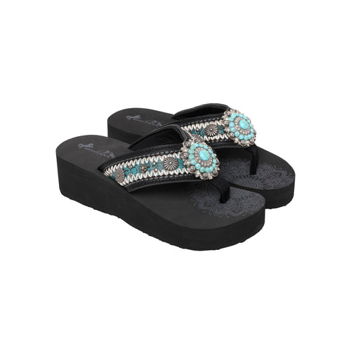 Mandala Berry Turquoise Stone Embroidered Wedge Western Flip-Flop - Montana West World