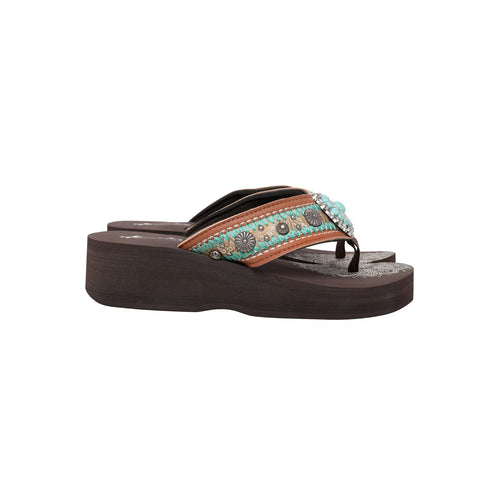Mandala Berry Turquoise Stone Embroidered Wedge Western Flip-Flop - Montana West World