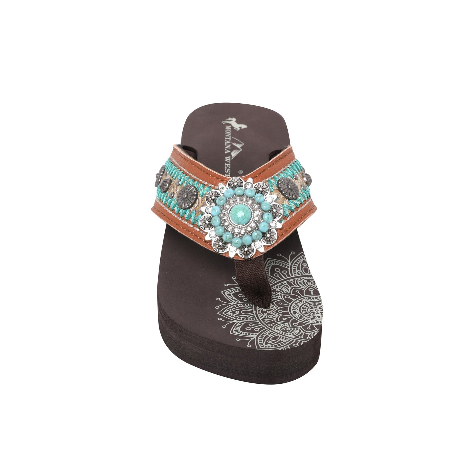 Mandala Berry Turquoise Stone Embroidered Wedge Western Flip-Flop - Montana West World