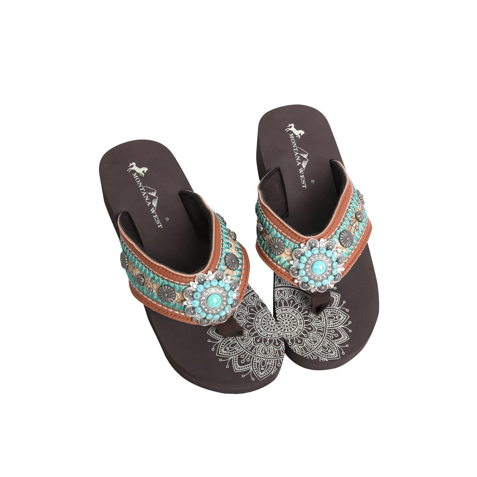 Mandala Berry Turquoise Stone Embroidered Wedge Western Flip-Flop - Montana West World