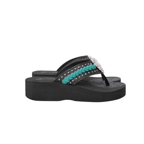 Mandala Silver Floral Rhinestones Embroidered Wedge Western Flip-Flop - Montana West World