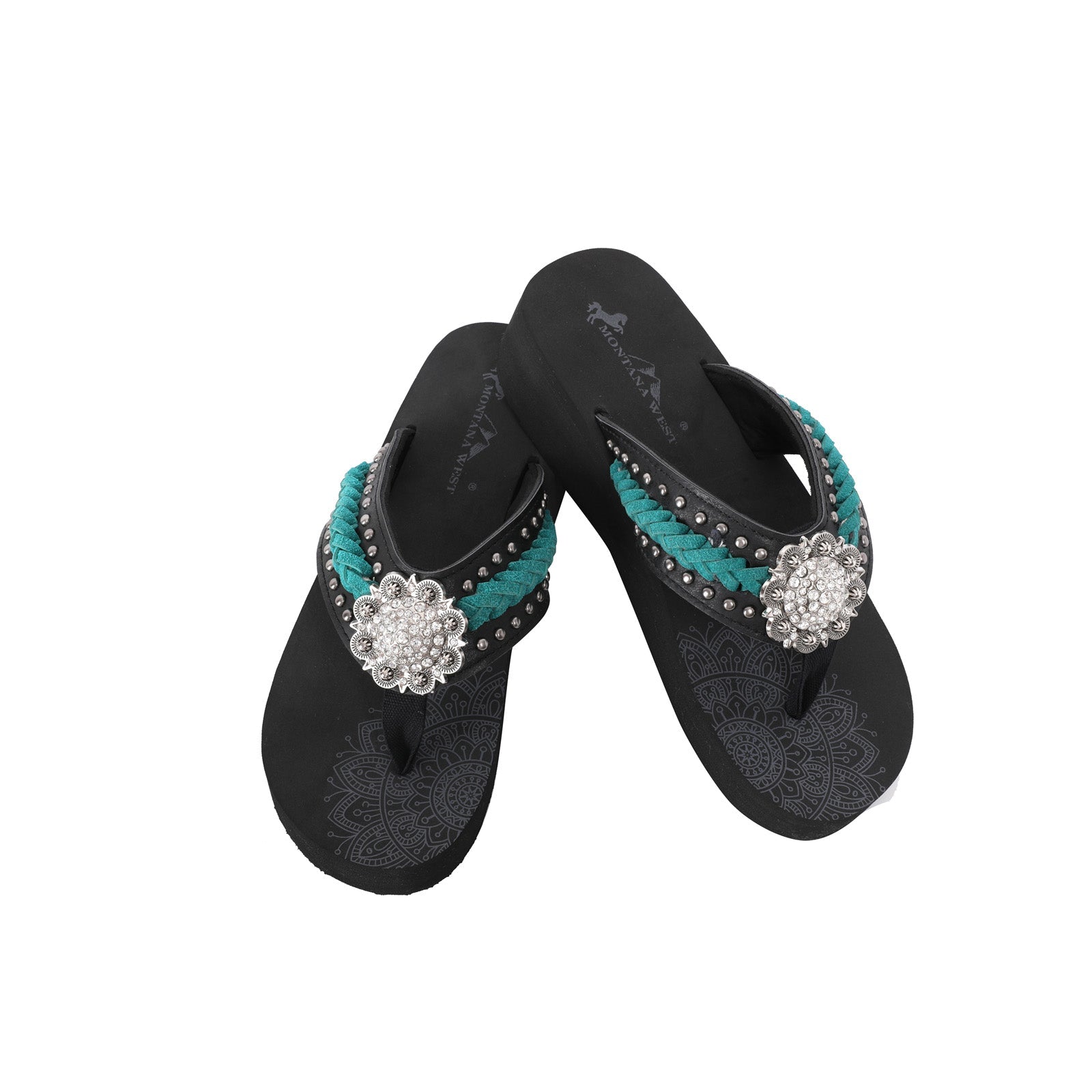 Mandala Silver Floral Rhinestones Embroidered Wedge Western Flip-Flop - Montana West World