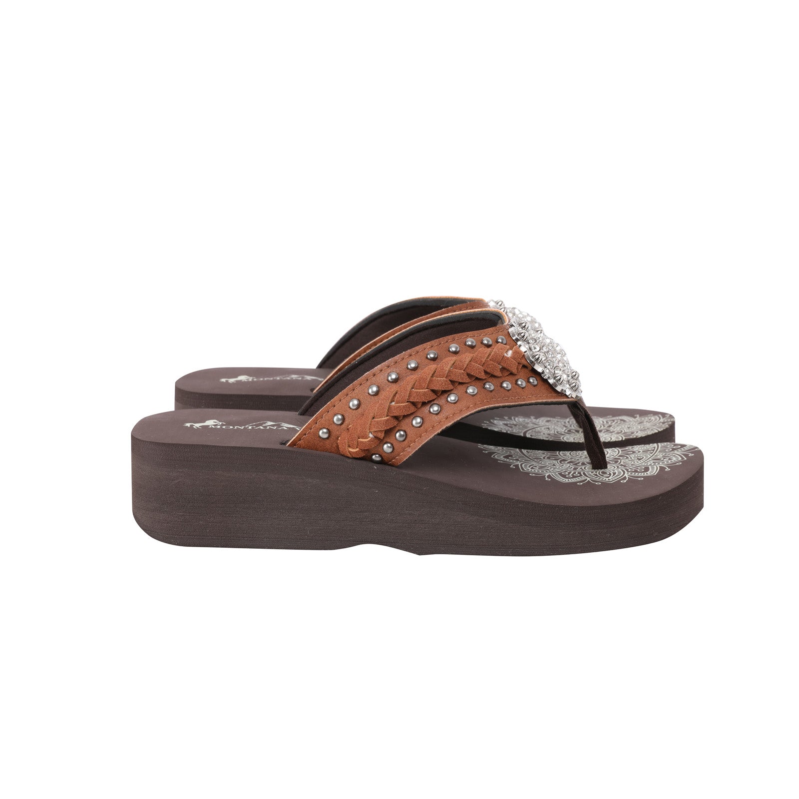 Mandala Silver Floral Rhinestones Embroidered Wedge Western Flip-Flop - Montana West World