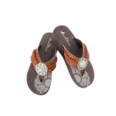 Mandala Silver Floral Rhinestones Embroidered Wedge Western Flip-Flop - Montana West World