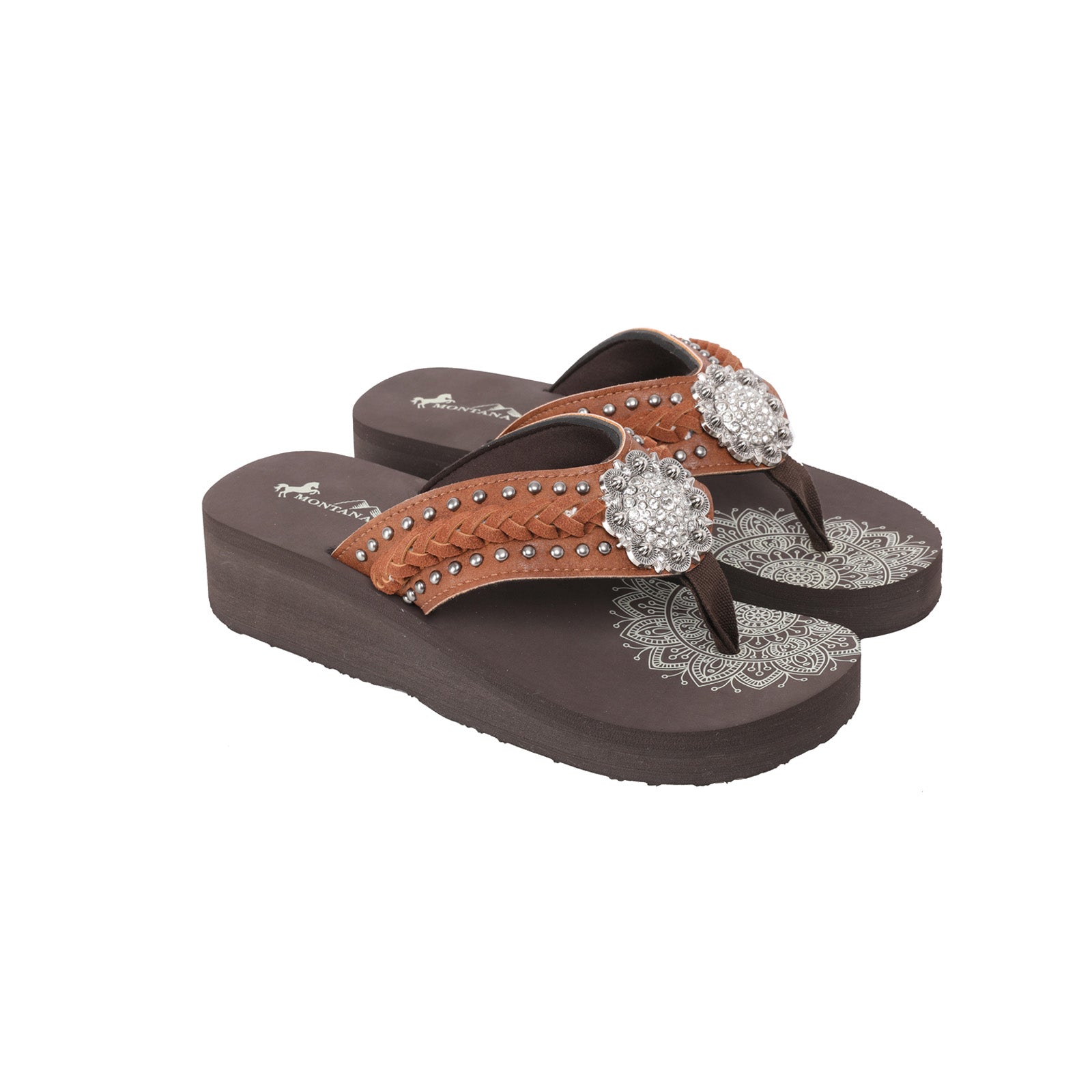 Mandala Silver Floral Rhinestones Embroidered Wedge Western Flip-Flop - Montana West World