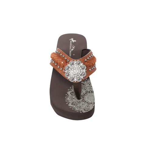 Mandala Silver Floral Rhinestones Embroidered Wedge Western Flip-Flop - Montana West World