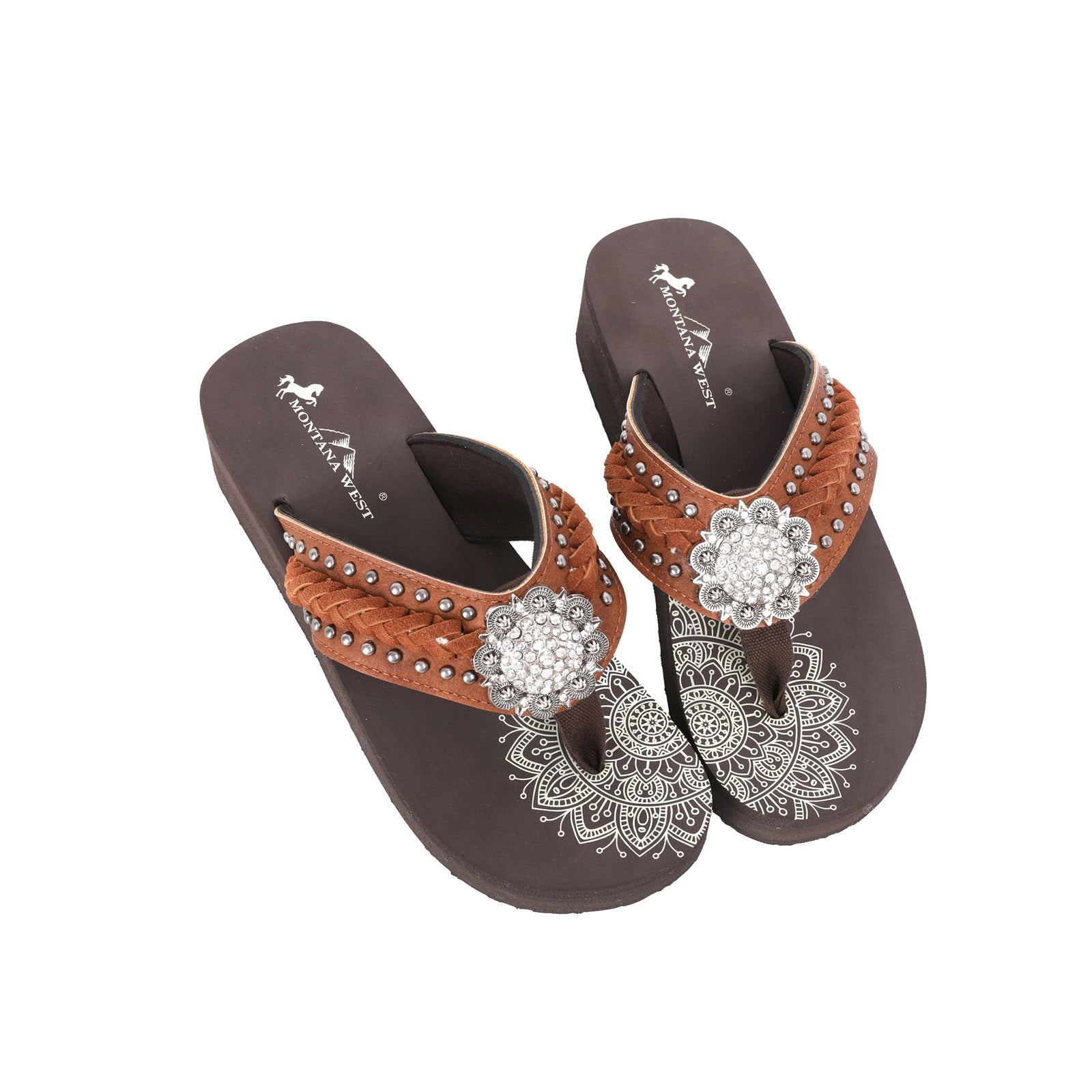 Mandala Silver Floral Rhinestones Embroidered Wedge Western Flip-Flop - Montana West World