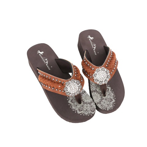 Mandala Silver Floral Rhinestones Embroidered Wedge Western Flip-Flop - Montana West World