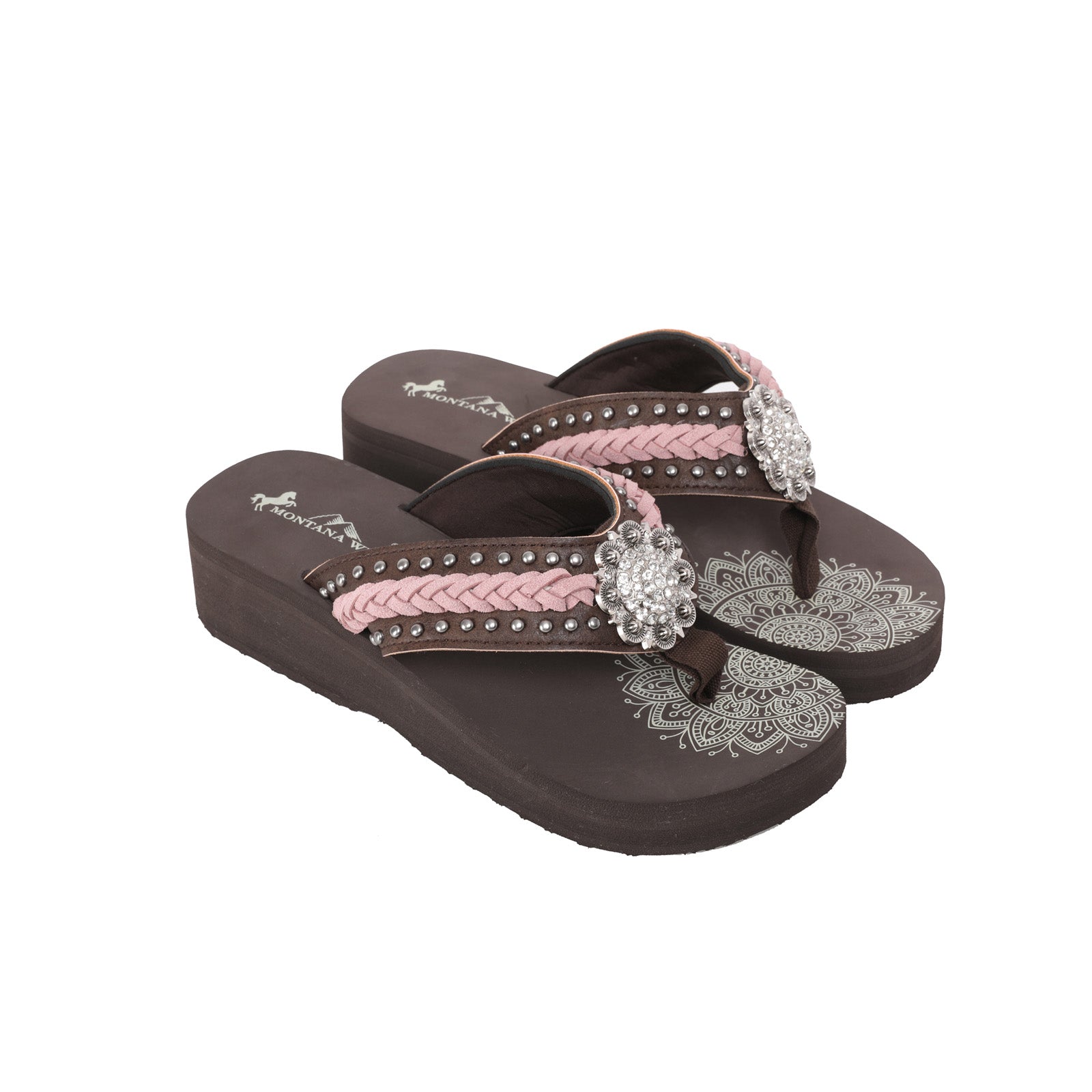 Mandala Silver Floral Rhinestones Embroidered Wedge Western Flip-Flop - Montana West World