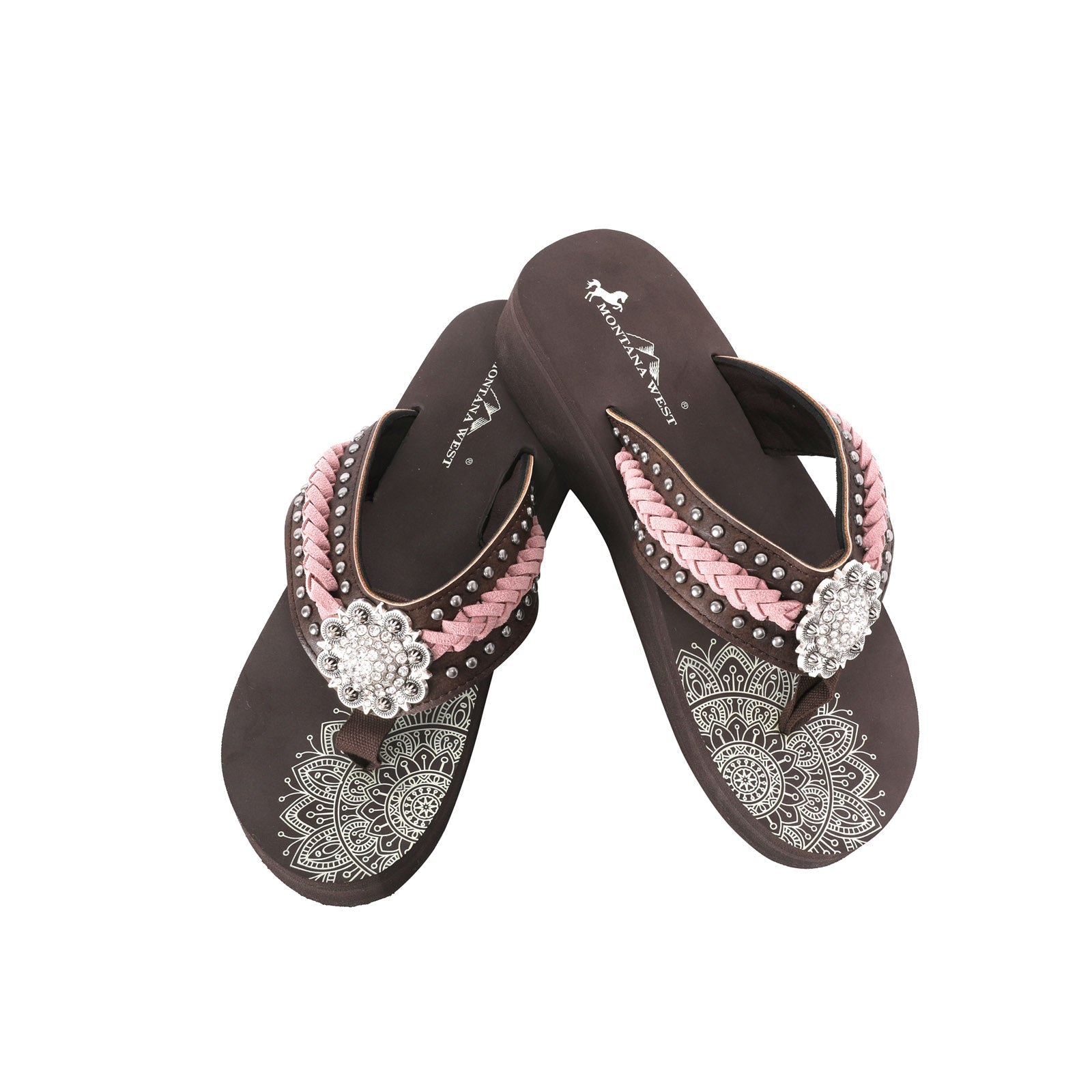 Mandala Silver Floral Rhinestones Embroidered Wedge Western Flip-Flop - Montana West World
