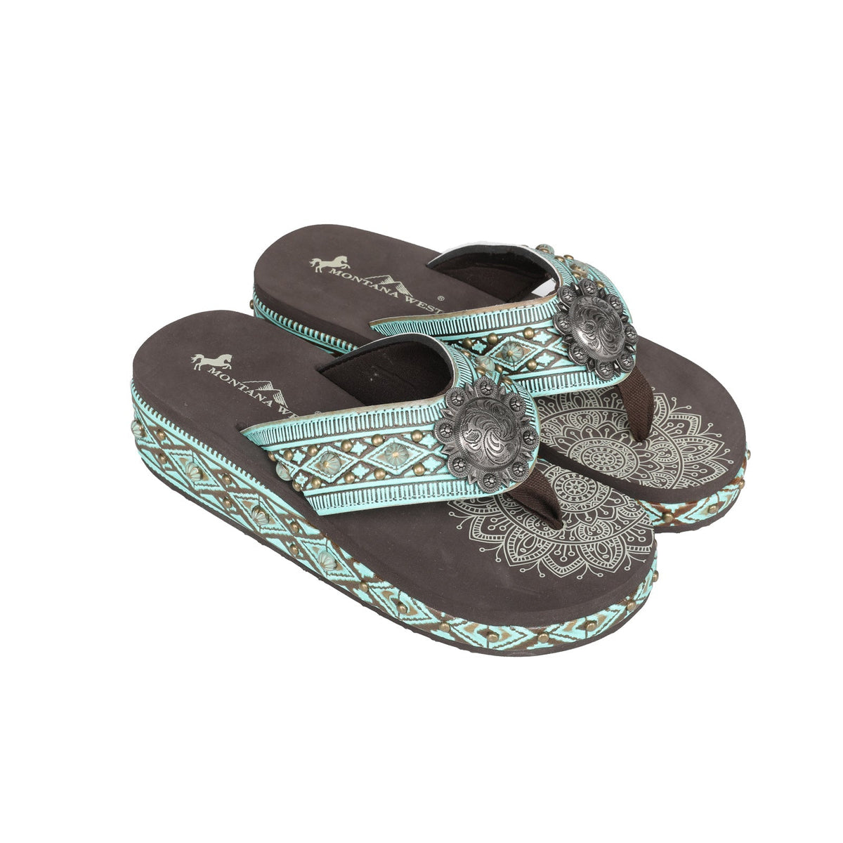 Mandala Aztec Tooled Wedge with Crosses Flip Flops - Montana West World